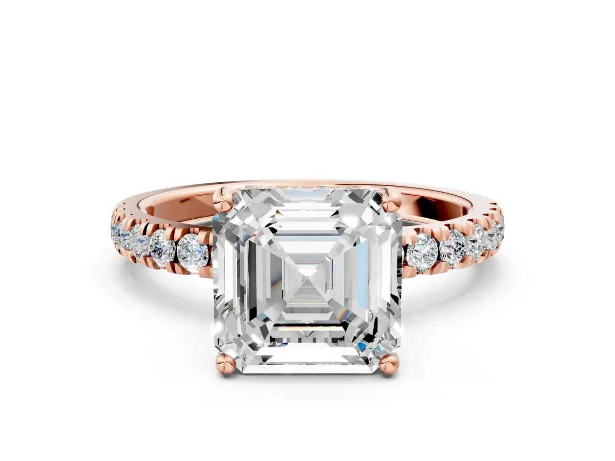 Asscher Cut Diamond Pave Band Solitaire Ring with Round Moissanite and Prong Setting Rose gold