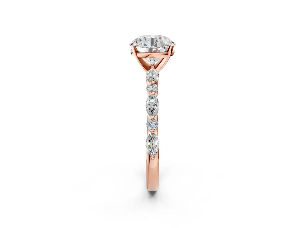 Round Cut Diamond Ring with Marquise and Round Side Stones and Four-Prong Setting Rose gold