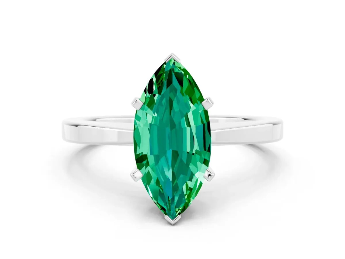 Marquise Cut Emerald Solitaire Engagement Ring with Classic Band and Four-Prong Setting Platinum