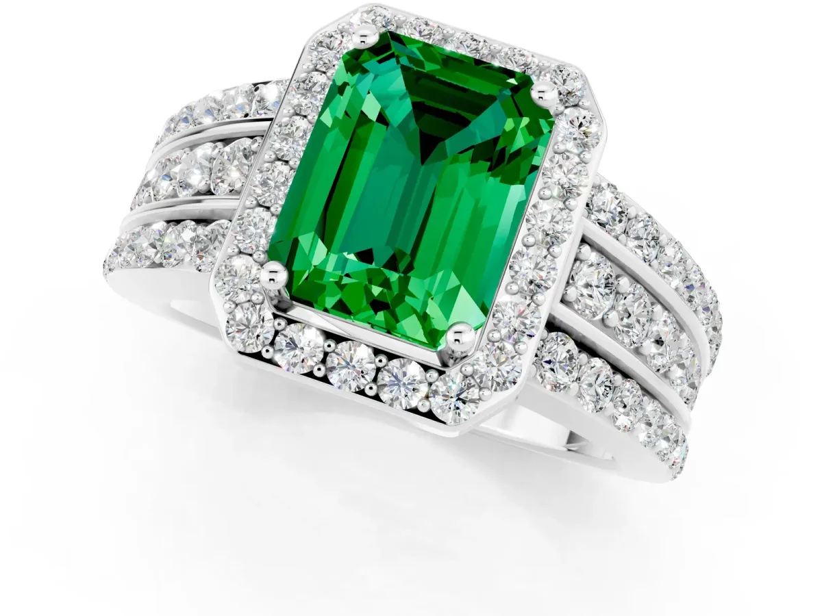 Emerald Cut Halo Emerald Ring with Round Split Shank and Prong Setting Platinum