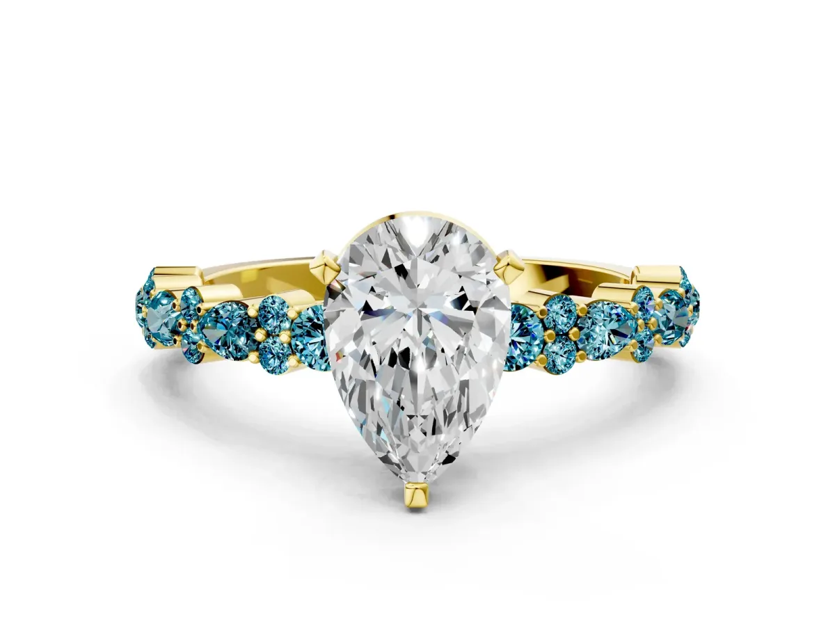Pear Cut Diamond Side Stone Solitaire Ring with Round Blue Topaz and Four-Prong Setting Yellow gold