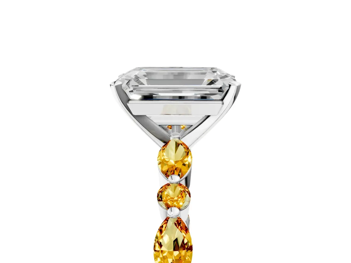 Emerald Cut Diamond Ring with Marquise and Round Citrine Side Stones and Four-Prong Setting Platinum