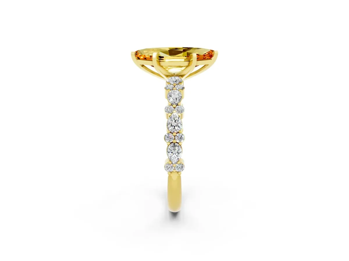 Marquise Cut Citrine Side Stone Solitaire Ring with Round and Four-Prong Setting Yellow gold