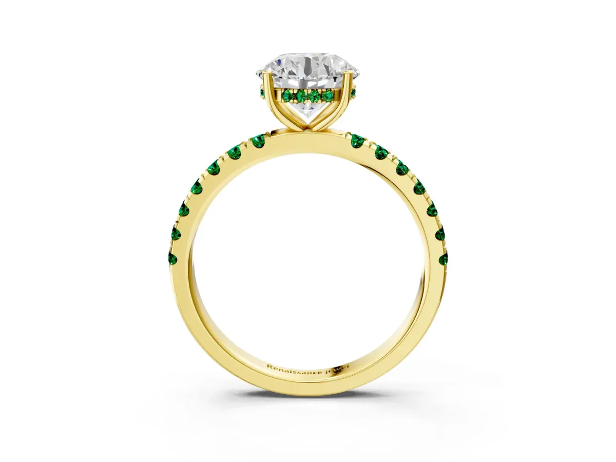 Round Cut Diamond Pave Band Solitaire Ring with Round Emerald and Prong Setting Yellow gold