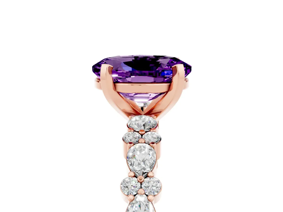 Oval Cut Amethyst Side Stone Solitaire Ring with Round and Four-Prong Setting Rose gold