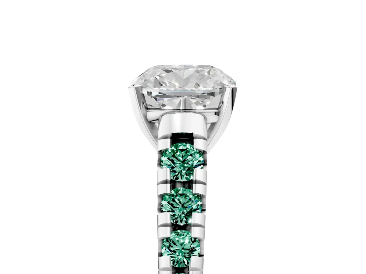 Cushion Cut Diamond Cathedral Solitaire Ring with Round Green Sapphire Pavé Band Silver