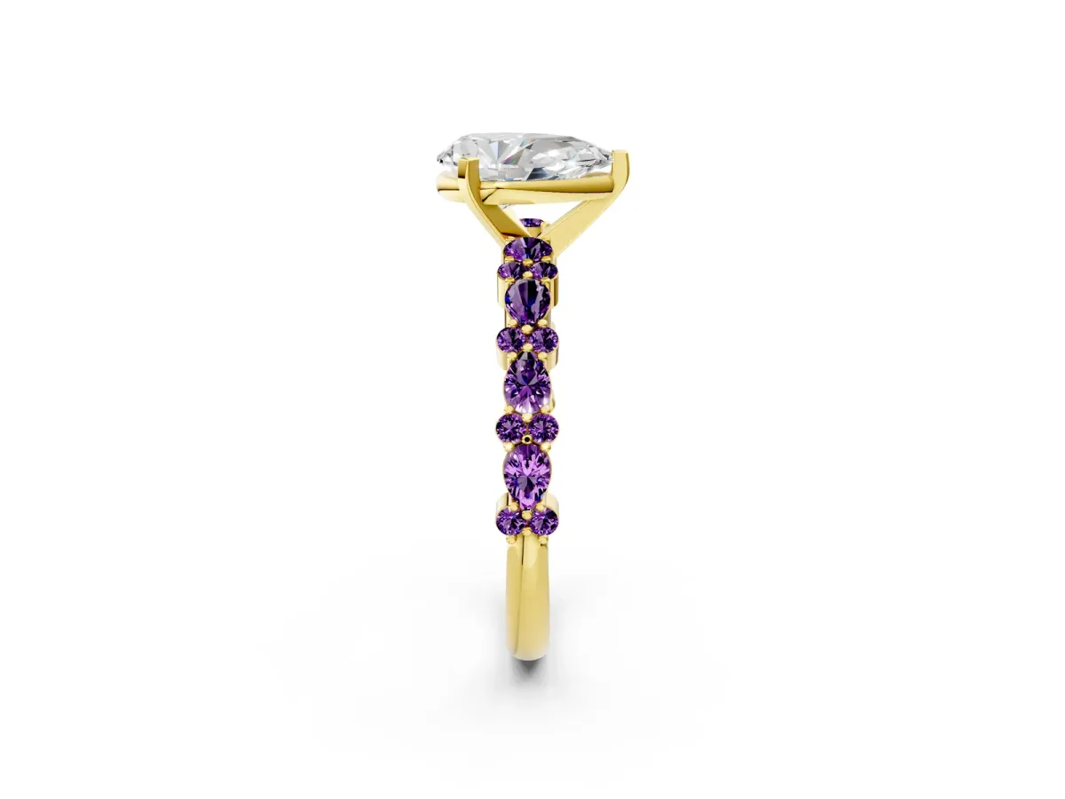 Pear Cut Diamond Side Stone Solitaire Ring with Round Amethyst and Four-Prong Setting Yellow gold