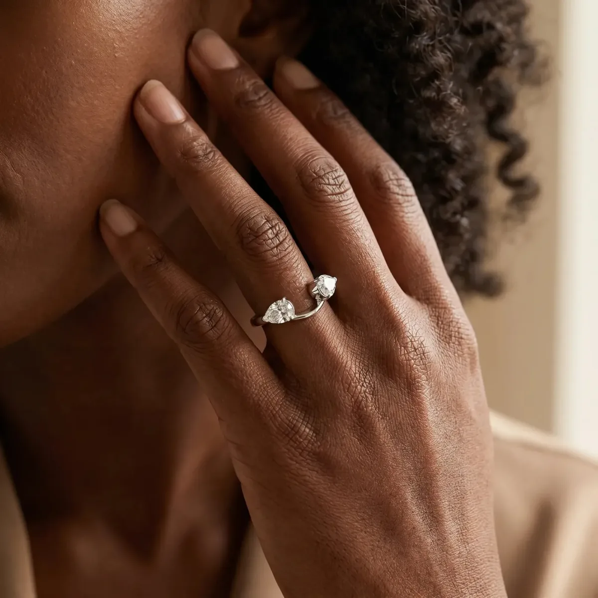 Two-Stone Pear Diamond Bypass Ring with Prong Setting White gold