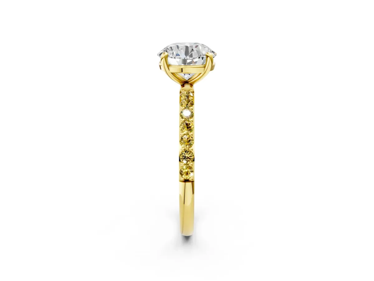 Round Cut Diamond Solitaire Ring with Round Yellow Sapphire Pavé Band and Prong Setting Yellow gold