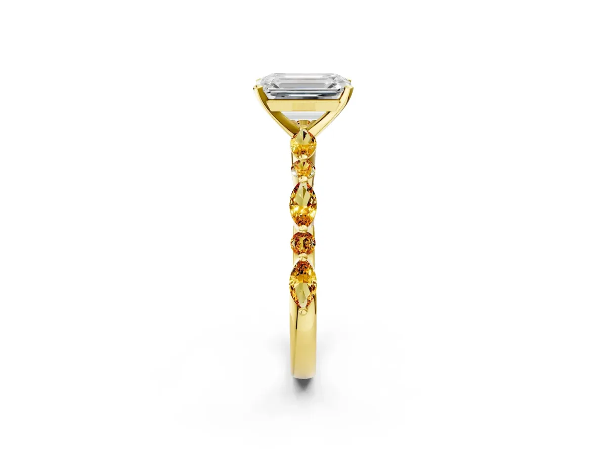 Emerald Cut Diamond Ring with Marquise and Round Citrine Side Stones and Four-Prong Setting Yellow gold