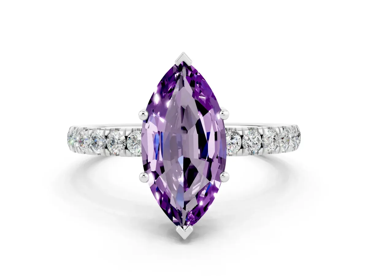 Marquise Cut Amethyst Pave Band Solitaire Ring with Round and Prong Setting Platinum