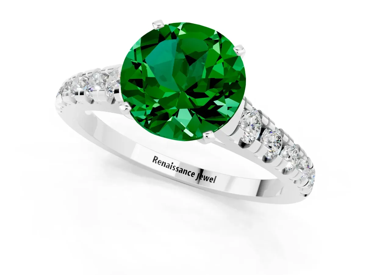 Round Cut Emerald Cathedral Solitaire Ring with Round Pavé Band Platinum