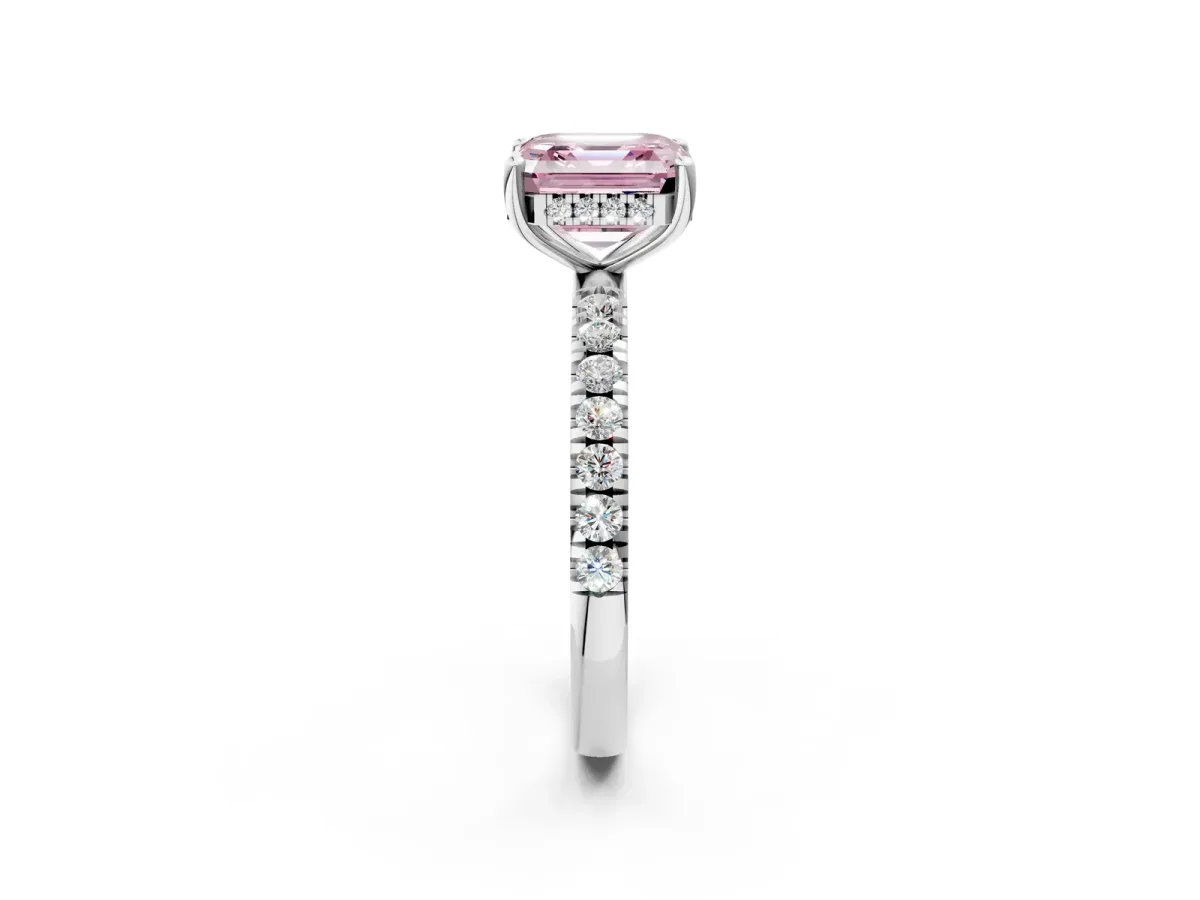 Fancy Pink Asscher Cut Diamond Pave Band Solitaire Ring with Round and Prong Setting Platinum