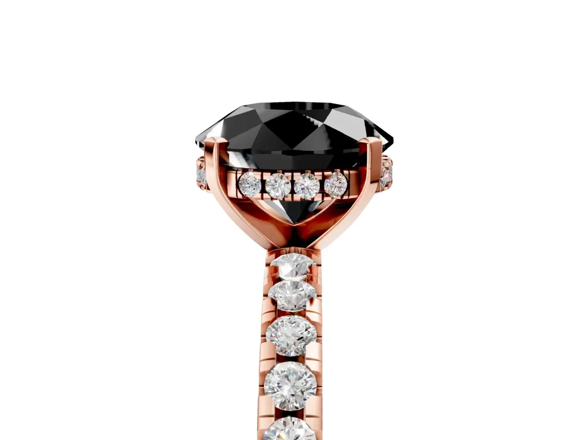 Fancy Black Round Cut Diamond Solitaire Ring with Round Pavé Band and Four-Prong Setting Rose gold