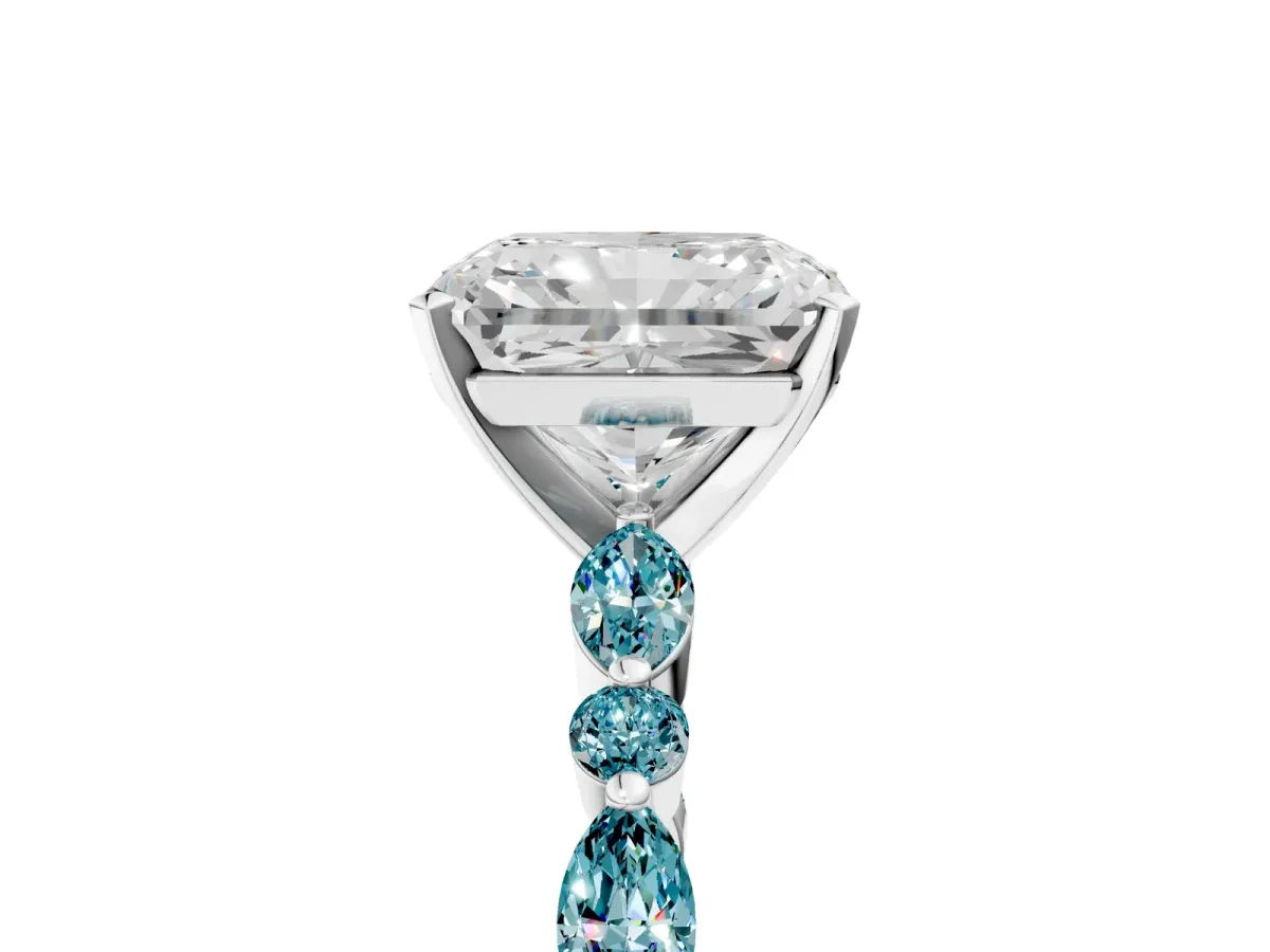 Radiant Cut Diamond Ring with Marquise and Round Blue Topaz Side Stones and Four-Prong Setting Platinum