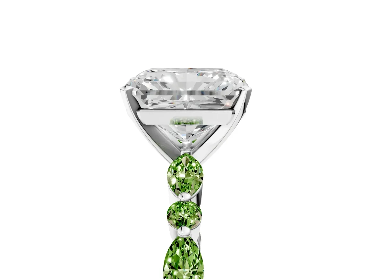 Radiant Cut Diamond Ring with Marquise and Round Peridot Side Stones and Four-Prong Setting Silver