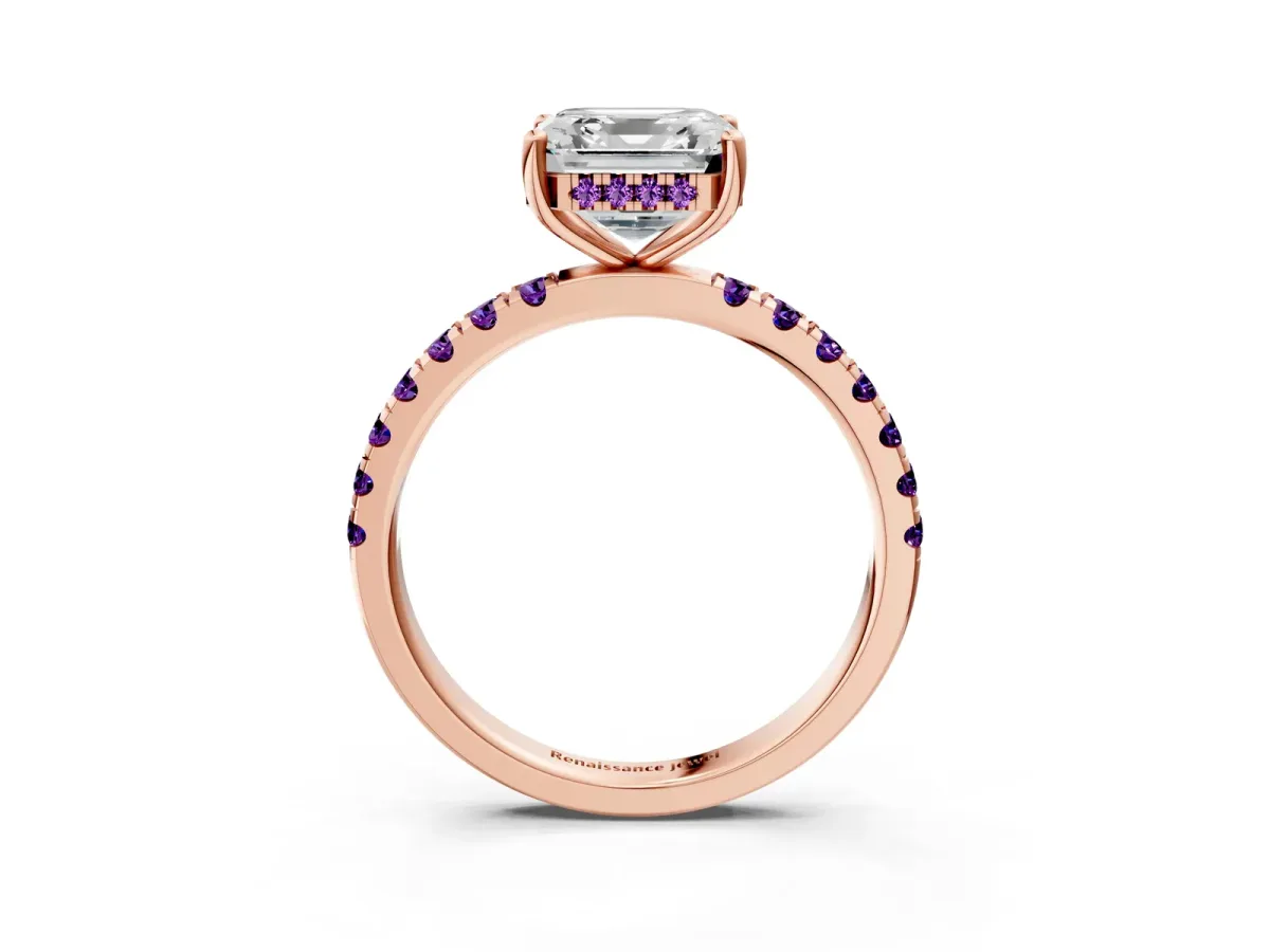 Asscher Cut Diamond Pave Band Solitaire Ring with Round Amethyst and Prong Setting Rose gold