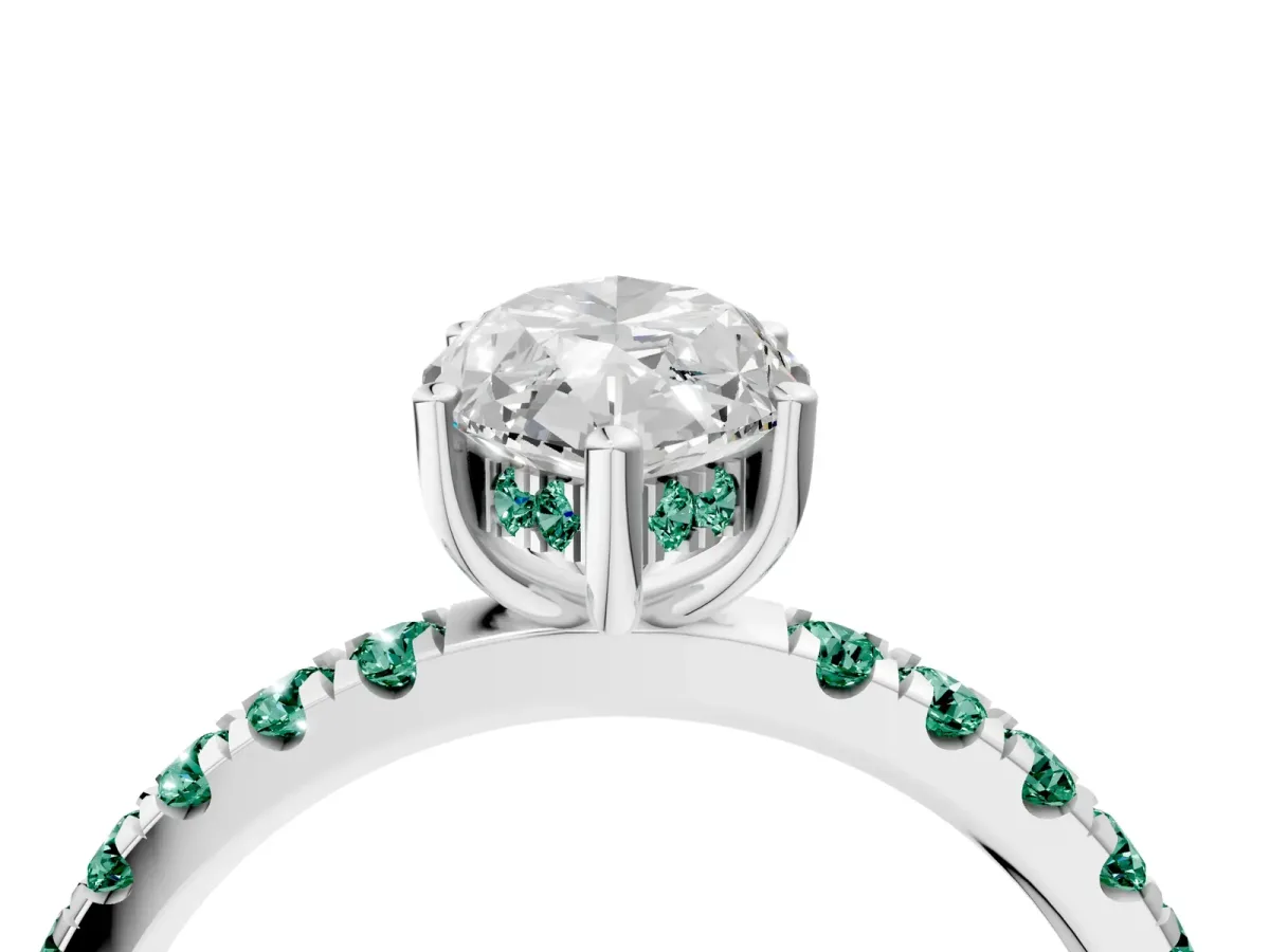 Marquise Cut Diamond Pave Band Solitaire Ring with Round Green Sapphire and Prong Setting Silver