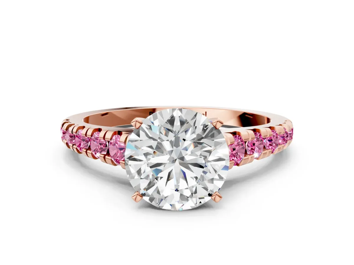Round Cut Diamond Cathedral Solitaire Ring with Round Pink Sapphire Pavé Band Rose gold