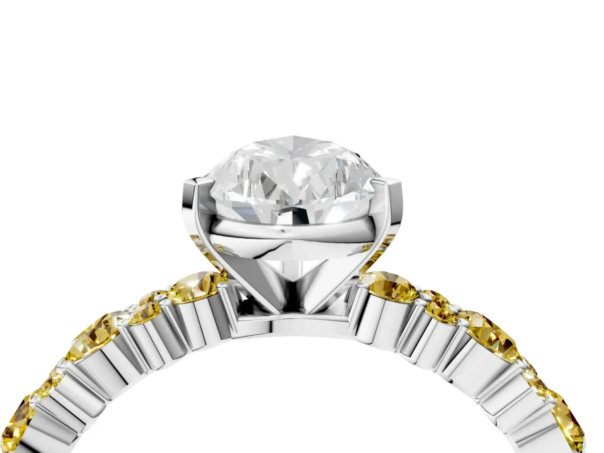 Pear Cut Diamond Side Stone Solitaire Ring with Round Yellow Sapphire and Four-Prong Setting Platinum
