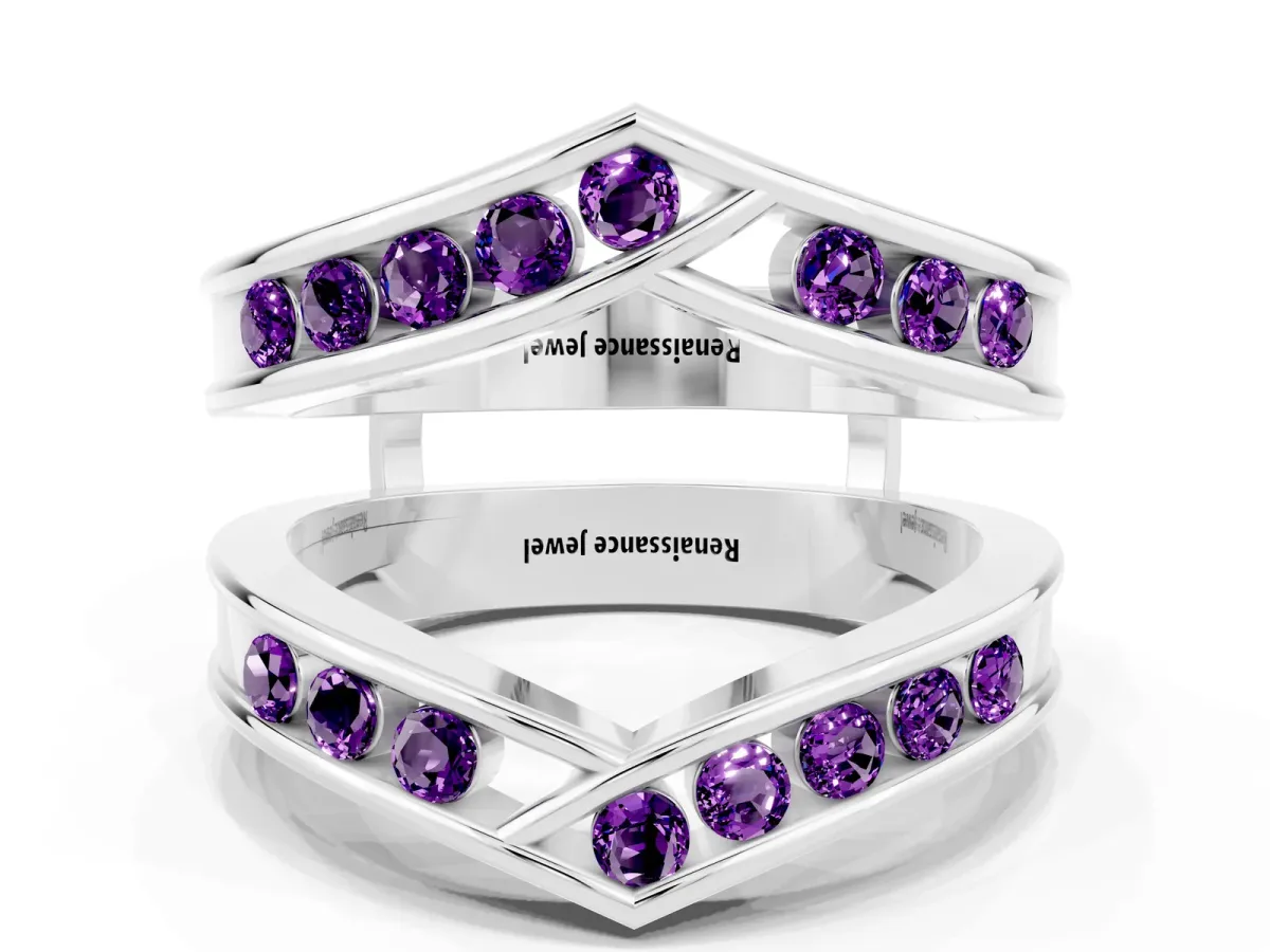 Round Amethyst Channel-Set Chevron Band Platinum