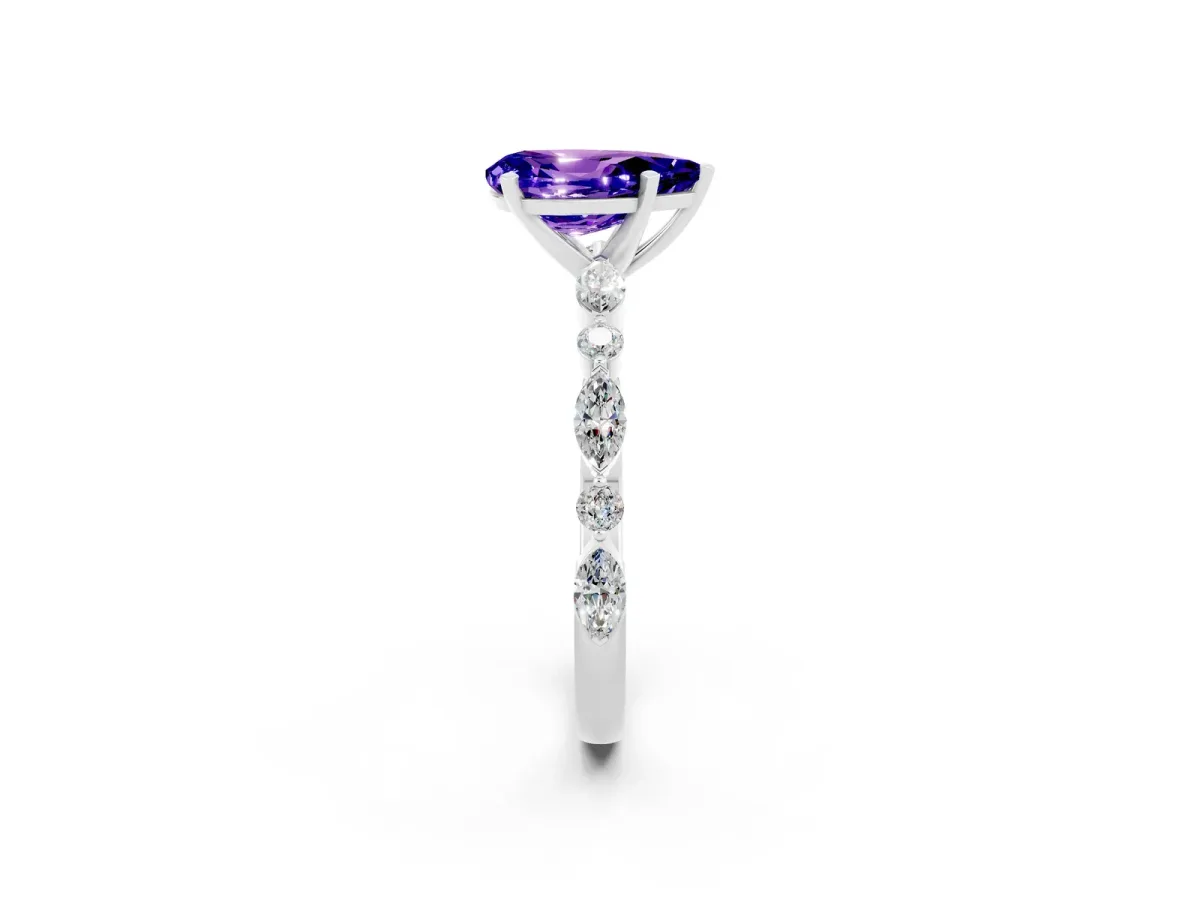 Pear Cut Tanzanite Ring with Marquise and Round Side Stones and Four-Prong Setting Silver