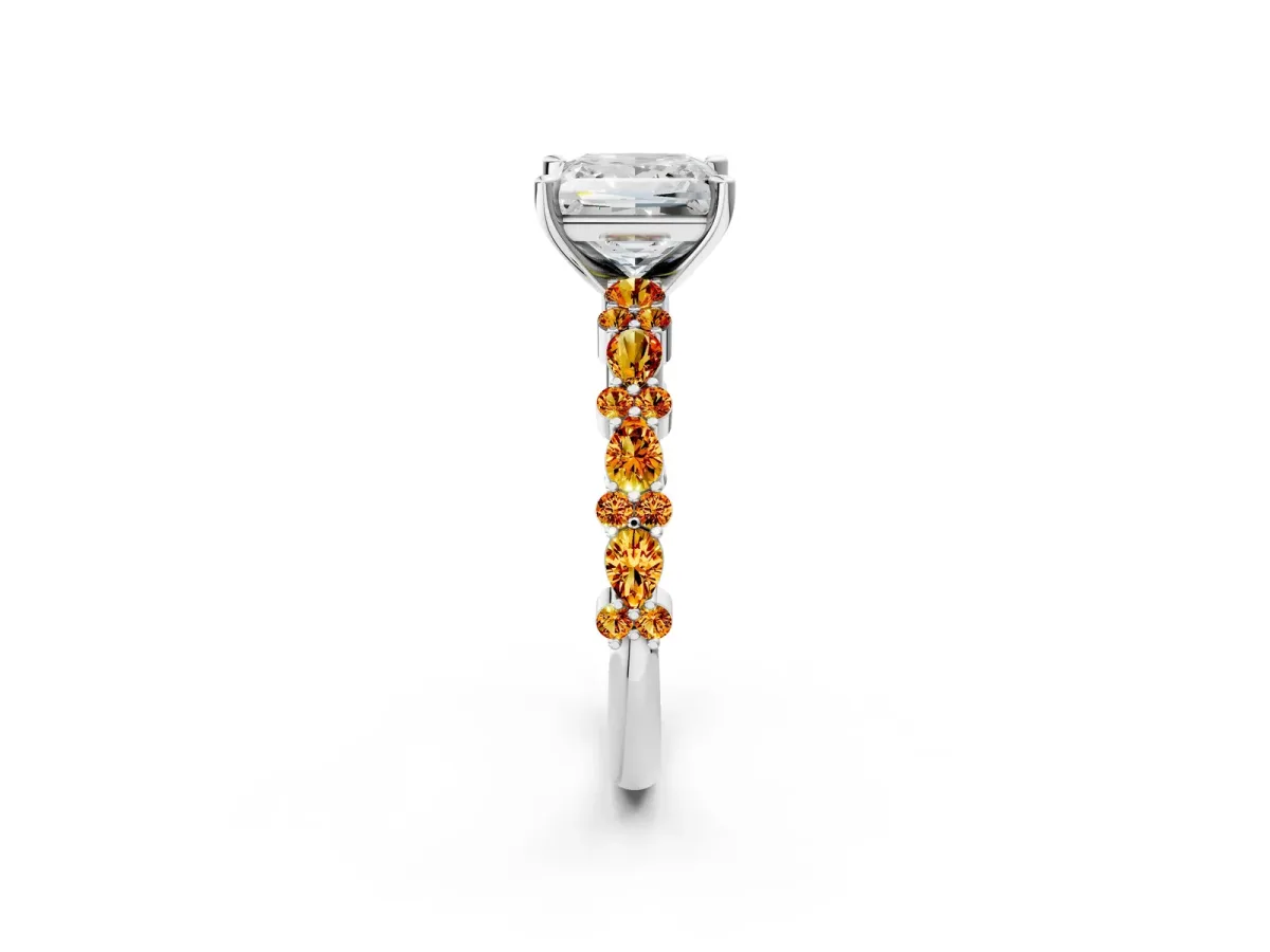 Princess Cut Diamond Side Stone Solitaire Ring with Round Citrine and Four-Prong Setting Platinum