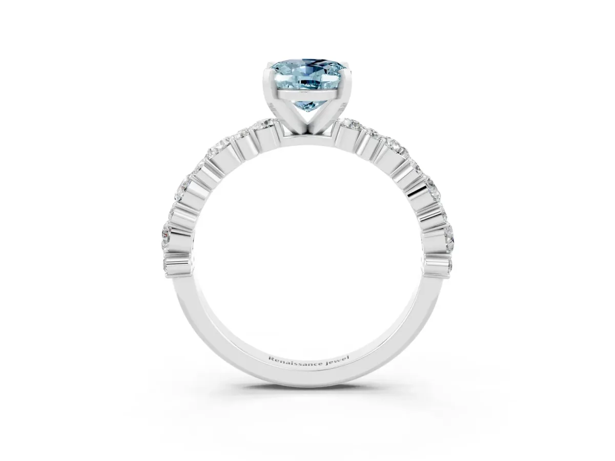 Oval Cut Aquamarine Side Stone Solitaire Ring with Round and Four-Prong Setting White gold