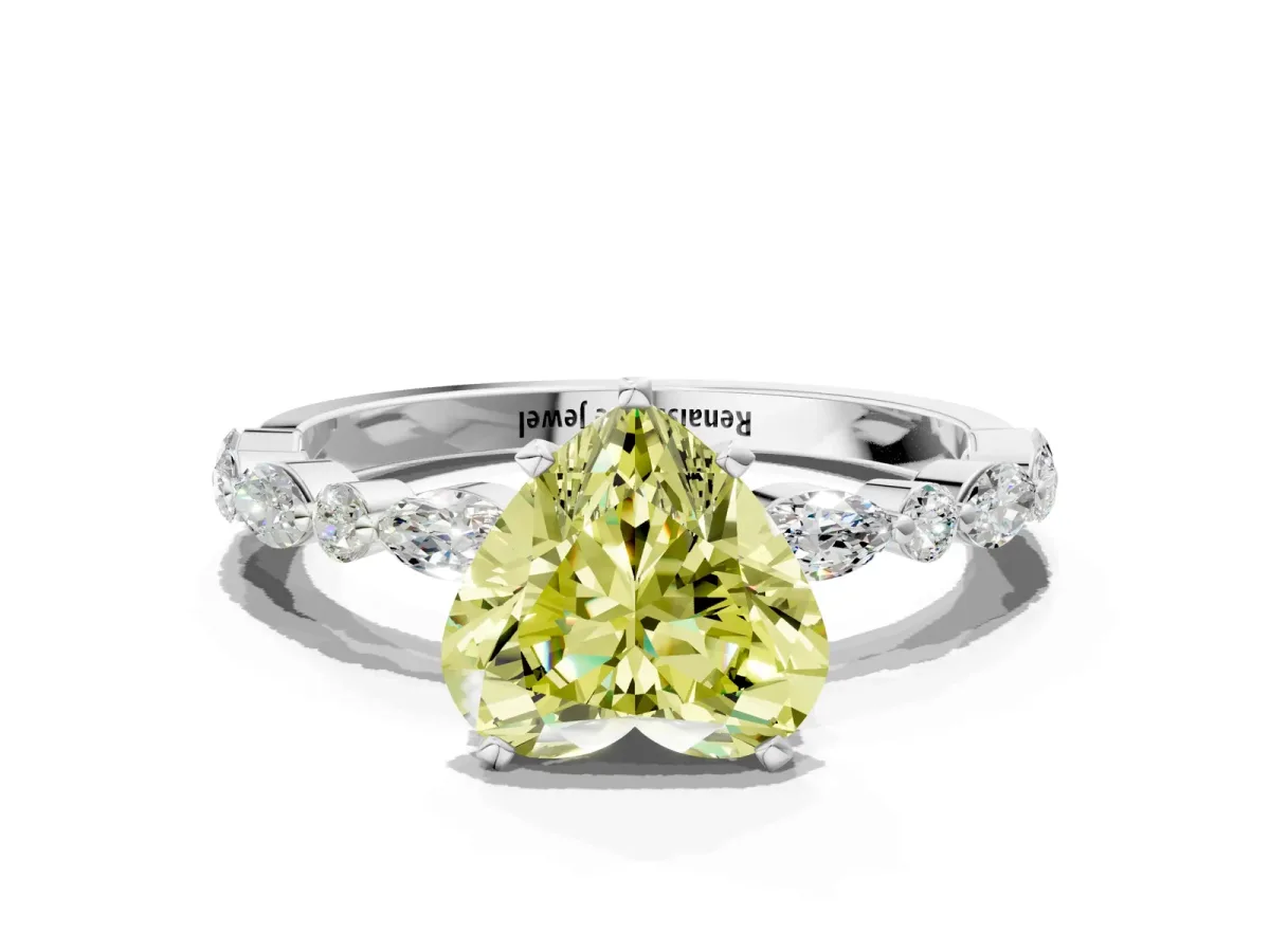 Fancy Yellow Heart Cut Diamond Ring with Marquise and Round Side Stones and Four-Prong Setting Silver
