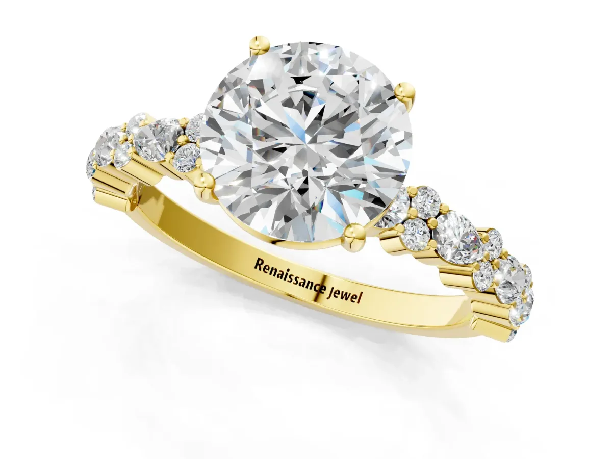 Round Cut Diamond Side Stone Solitaire Ring with Round Moissanite and Four-Prong Setting Yellow gold