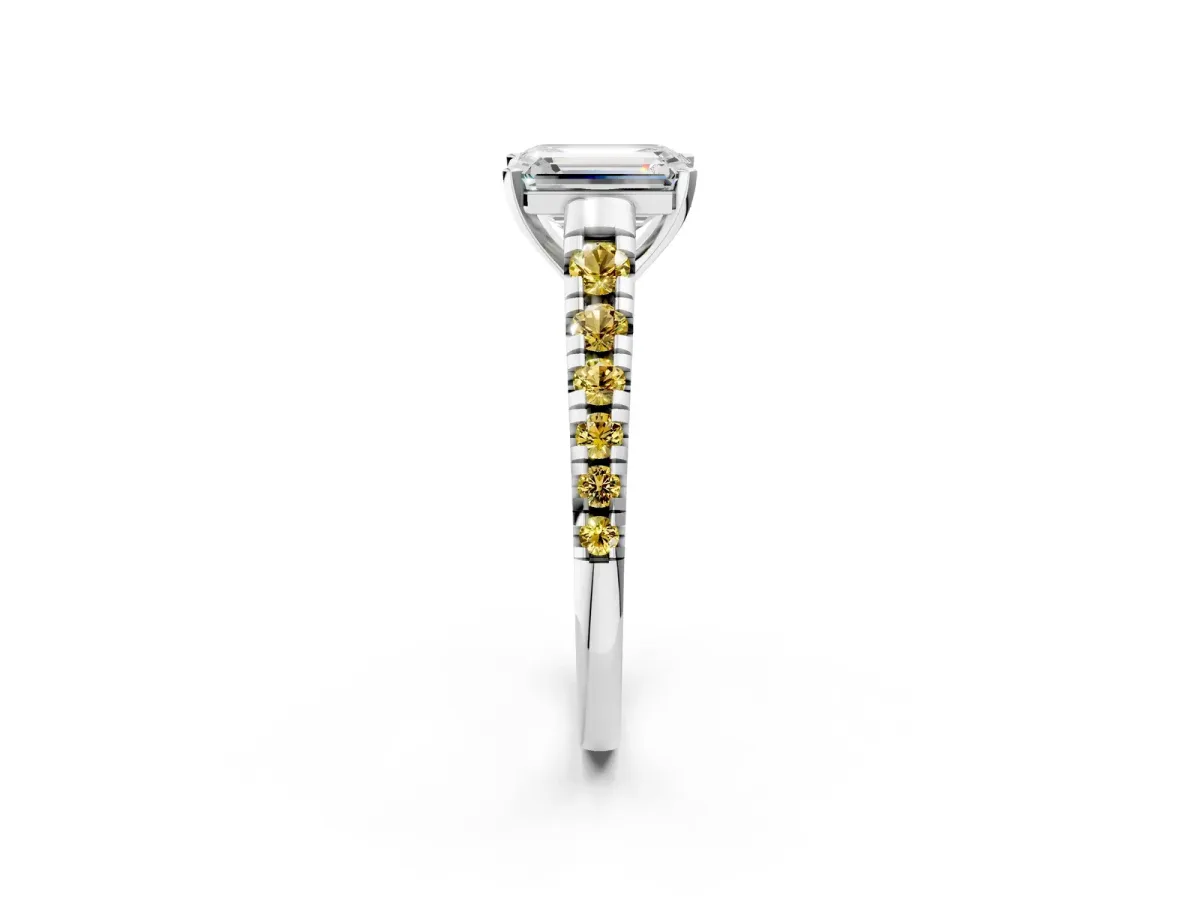 Emerald Cut Diamond Cathedral Solitaire Ring with Round Yellow Sapphire Pavé Band Silver