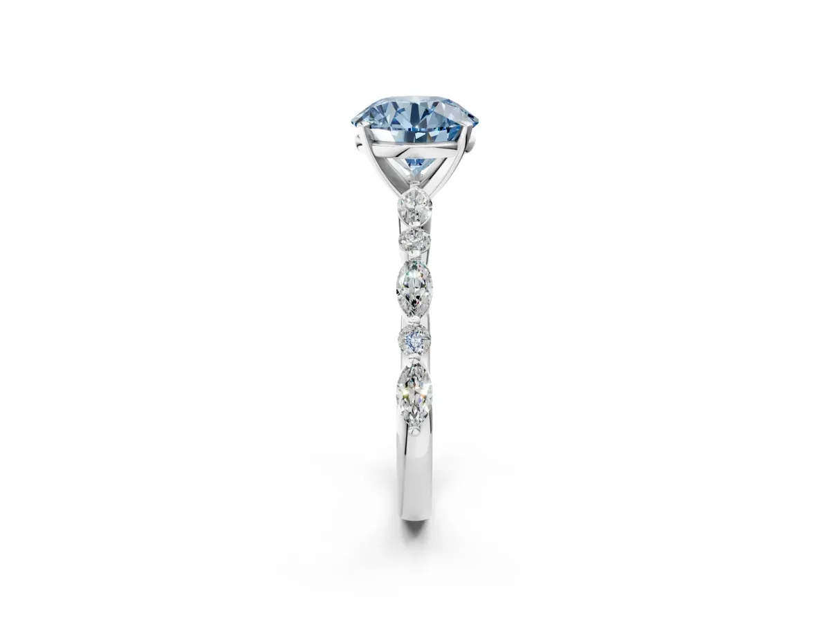 Fancy Blue Round Cut Diamond Ring with Marquise and Round Side Stones and Four-Prong Setting White gold