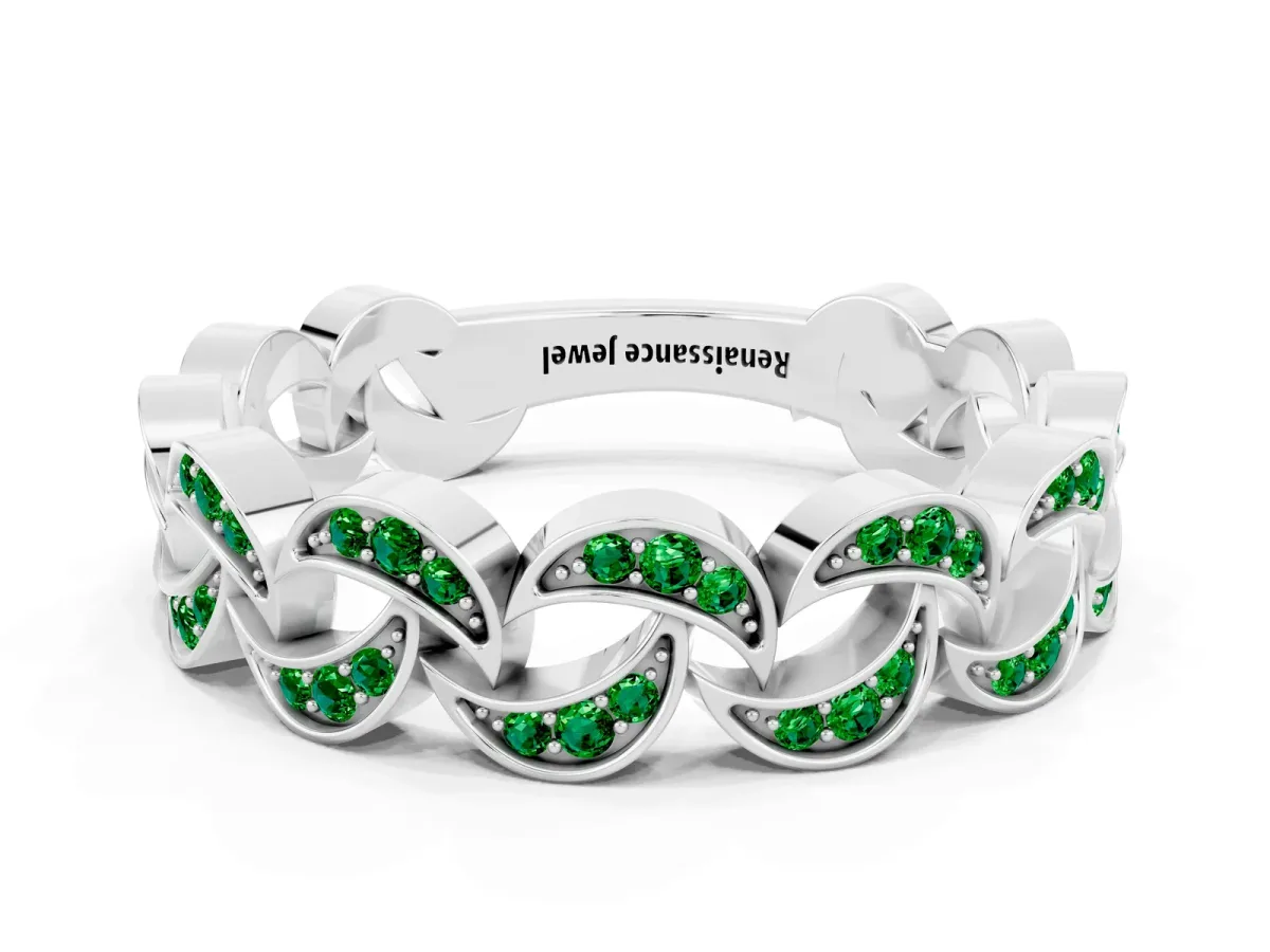 Pavé Round Emerald Interlocking Eternity Band with Bezel Prong Setting Silver