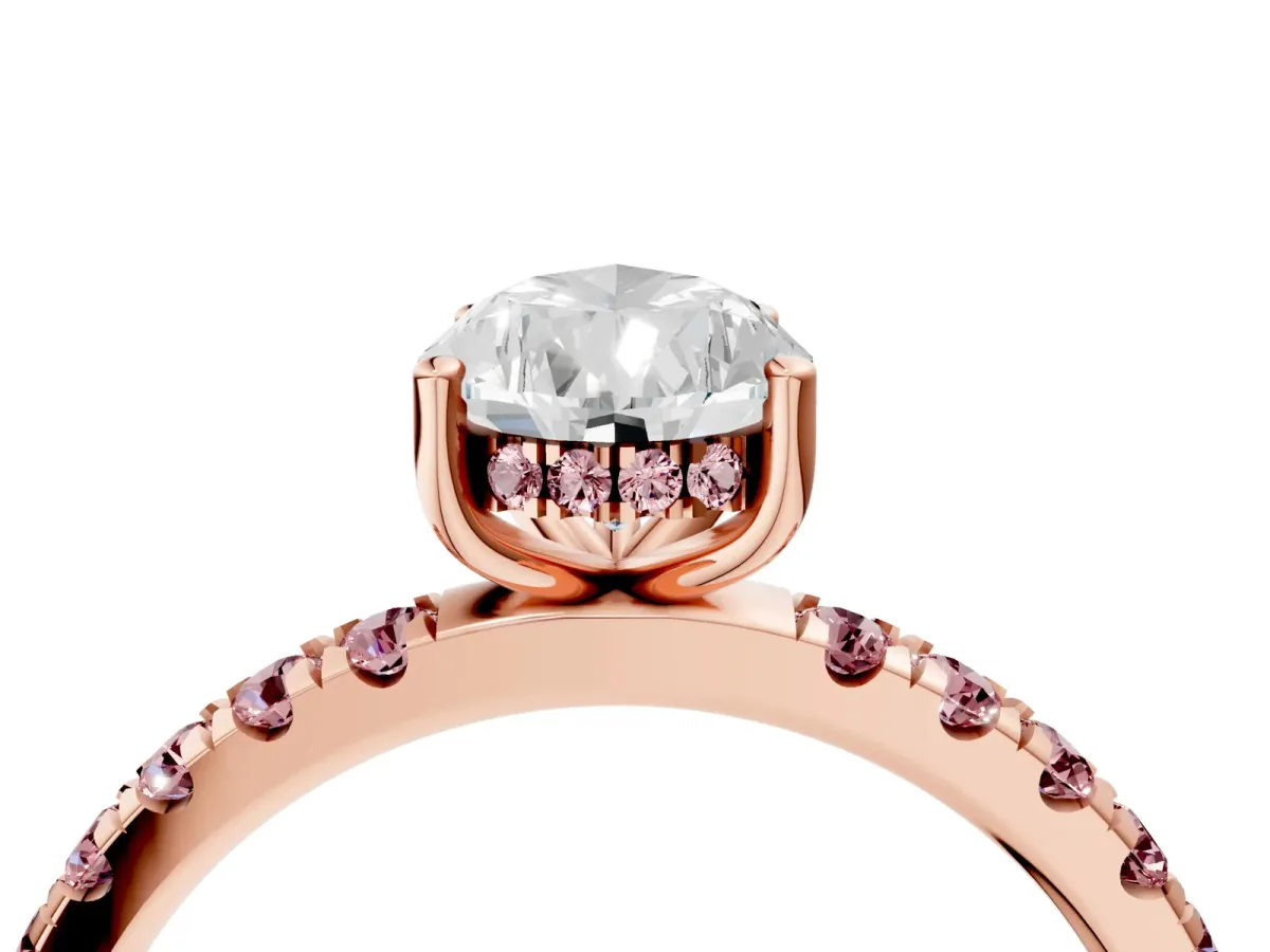 Pear Cut Diamond Pave Band Solitaire Ring with Round Morganite and Prong Setting Rose gold