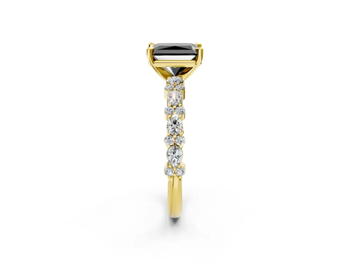 Fancy Black Radiant Cut Diamond Side Stone Solitaire Ring with Round and Four-Prong Setting Yellow gold