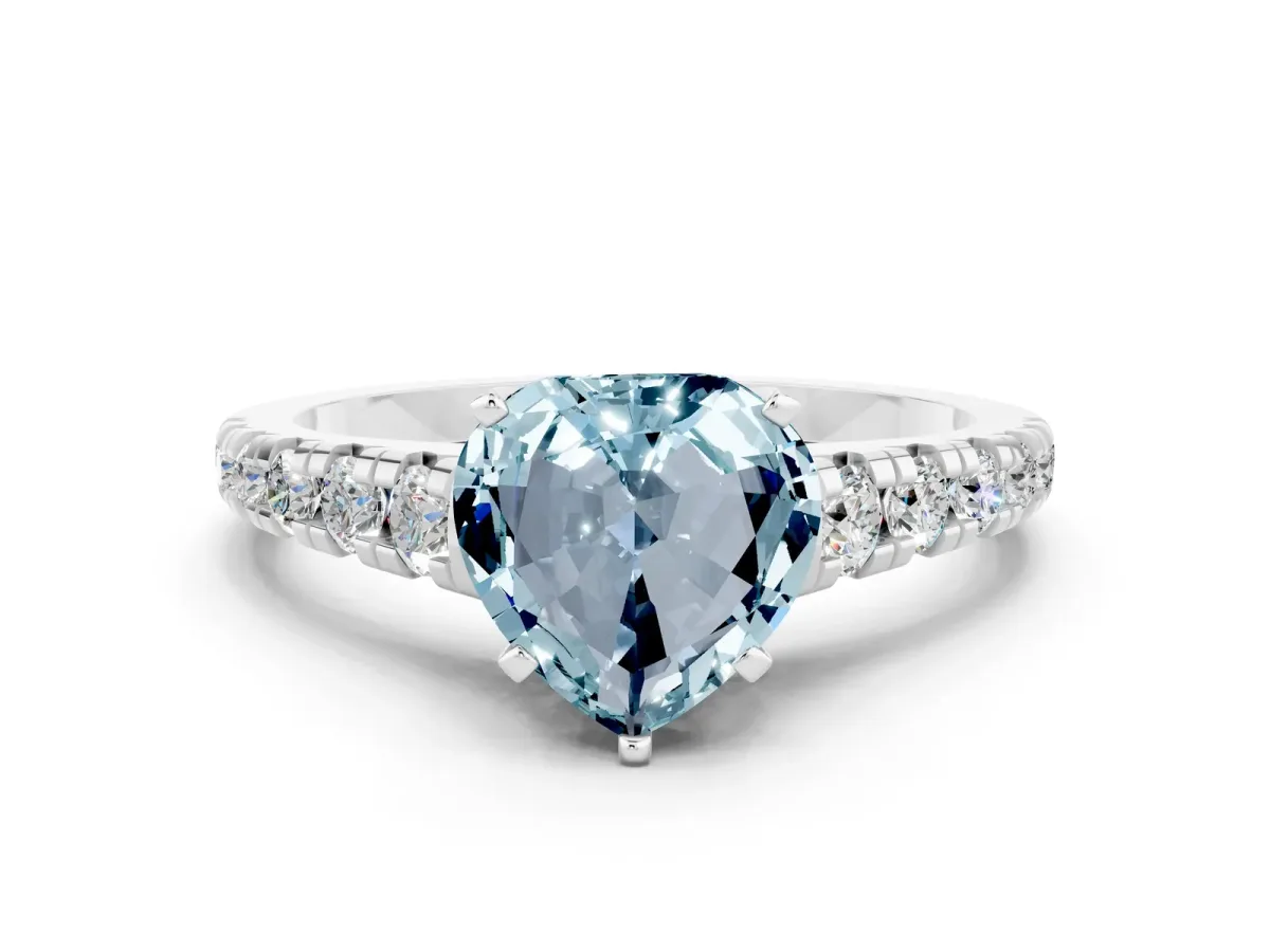 Heart Cut Aquamarine Cathedral Solitaire Ring with Round Pavé Band Silver