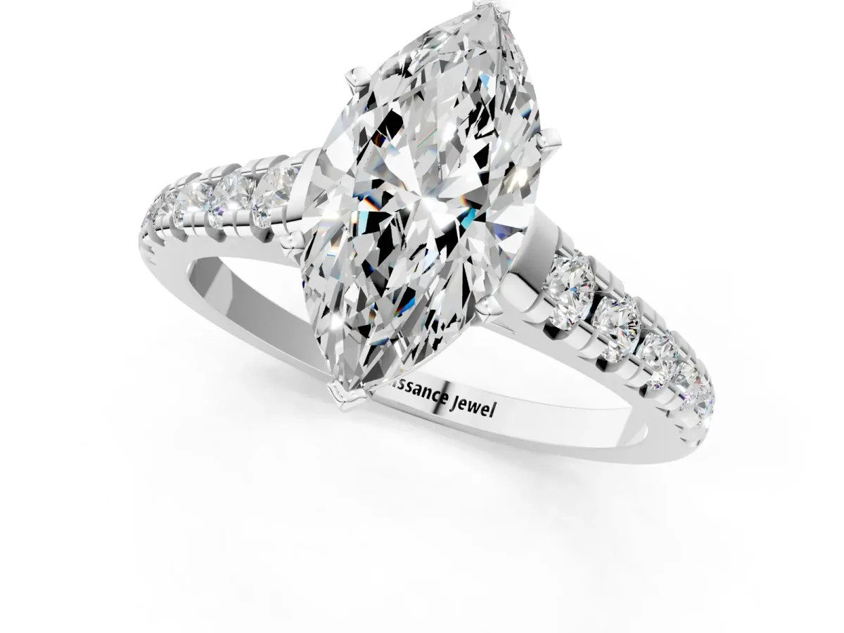Marquise Cut Diamond Cathedral Solitaire Ring with Round Moissanite Pavé Band Platinum