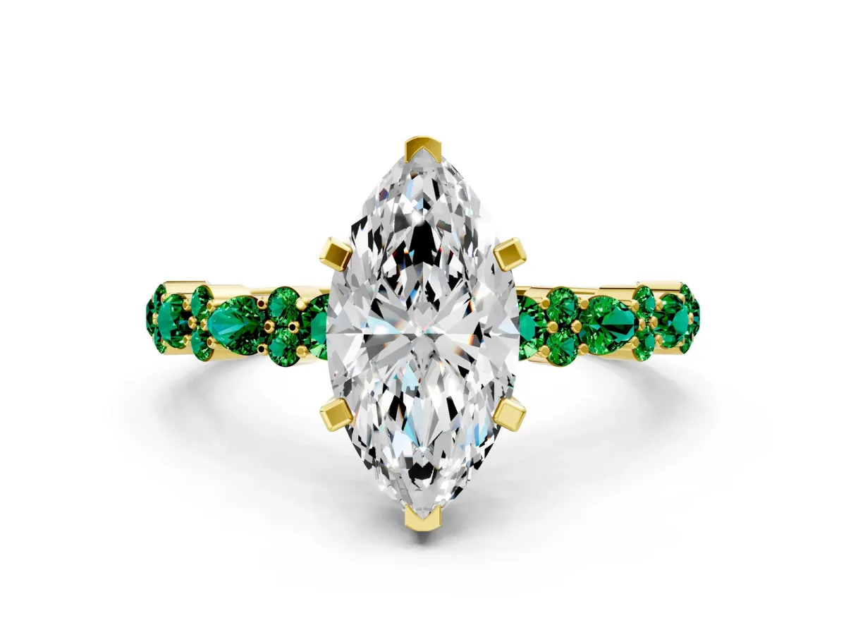 Marquise Cut Diamond Side Stone Solitaire Ring with Round Emerald and Four-Prong Setting Yellow gold