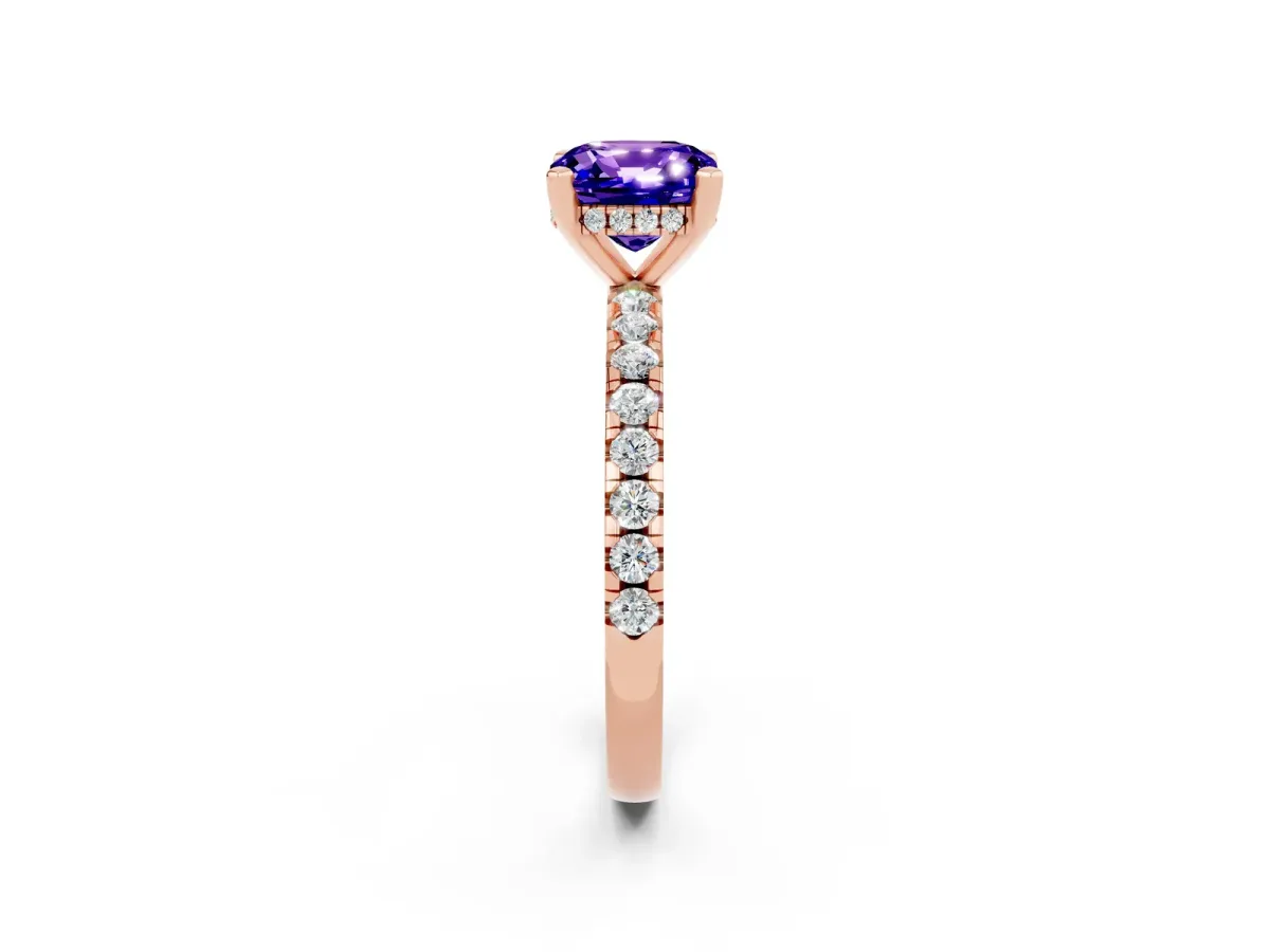 Cushion Cut Tanzanite Solitaire Ring with Round Pavé Band and Four-Prong Setting Rose gold