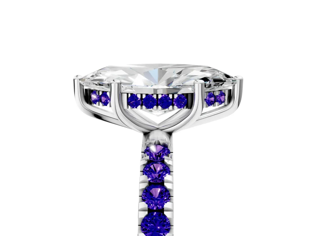 Marquise Cut Diamond Pave Band Solitaire Ring with Round Tanzanite and Prong Setting Platinum