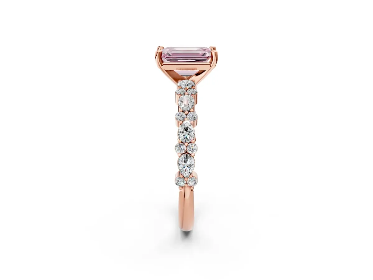 Fancy Pink Emerald Cut Diamond Side Stone Solitaire Ring with Round and Four-Prong Setting Rose gold