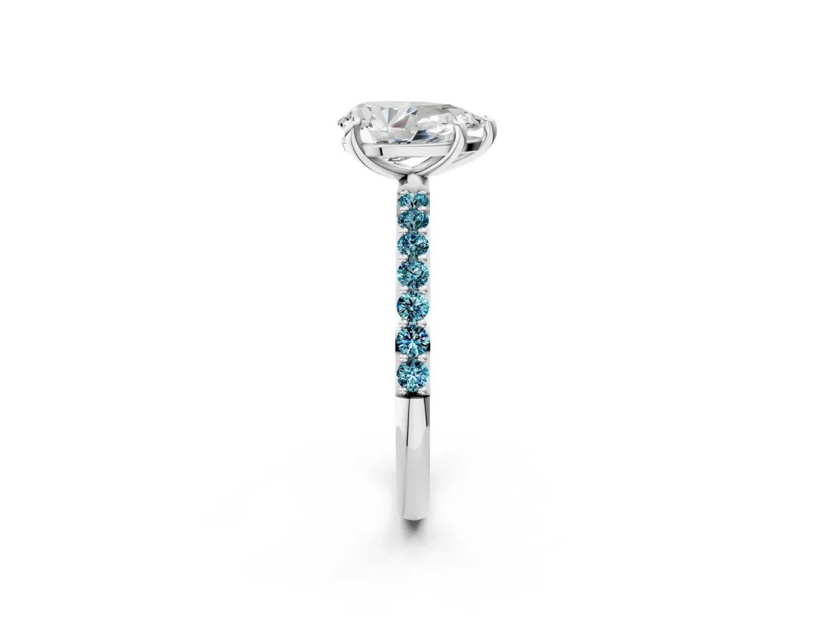 Pear Cut Diamond Solitaire Ring with Round Blue Topaz Pavé Band and Prong Setting Platinum