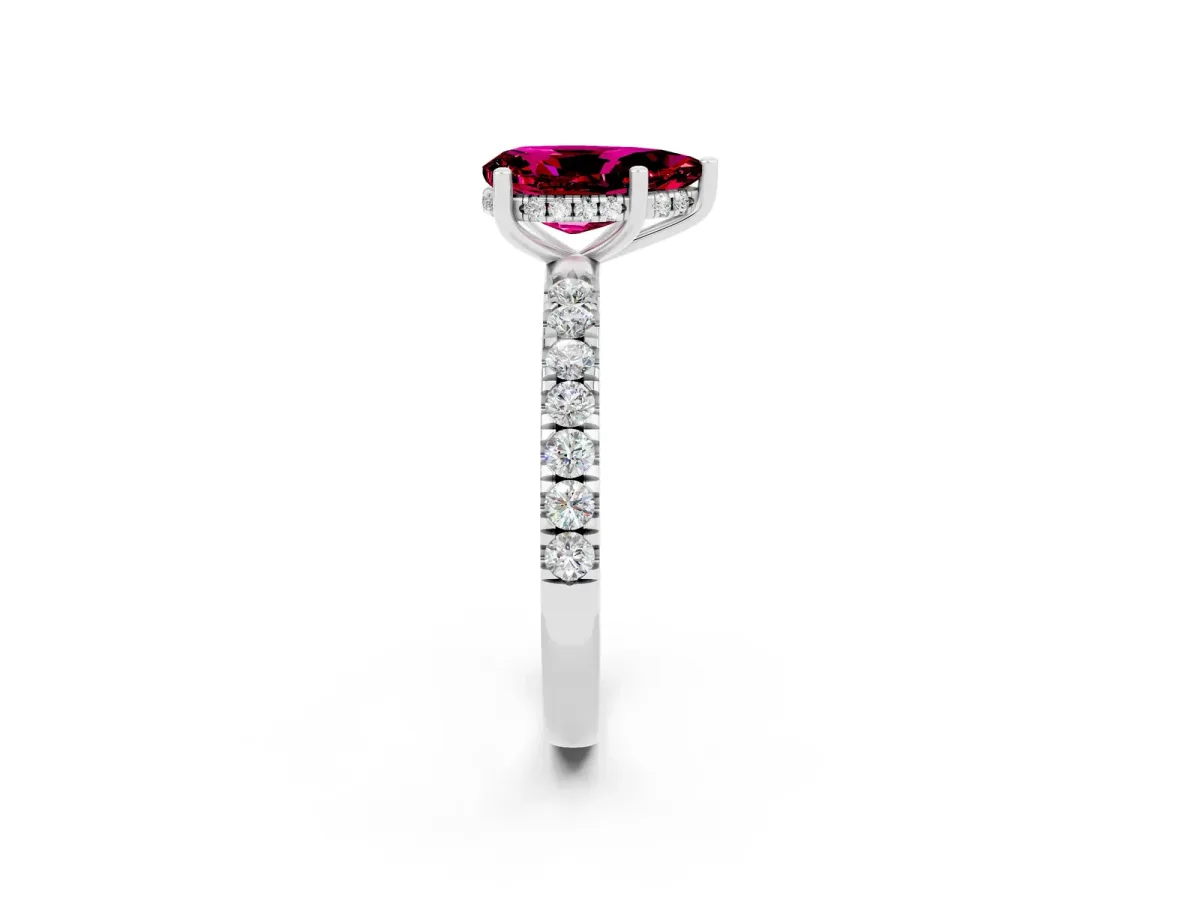 Pear Cut Garnet Pave Band Solitaire Ring with Round and Prong Setting White gold