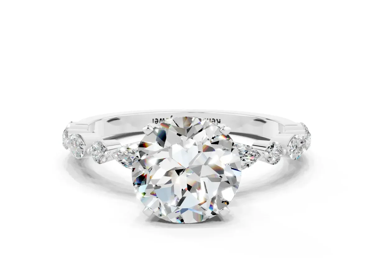 Round Cut Moissanite Ring with Marquise and Round Side Stones and Four-Prong Setting Silver