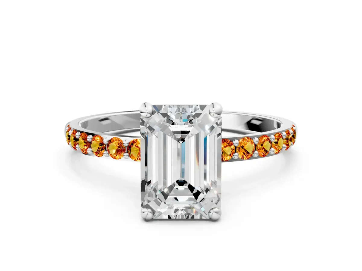 Emerald Cut Diamond Solitaire Ring with Round Citrine Pavé Band and Prong Setting Platinum