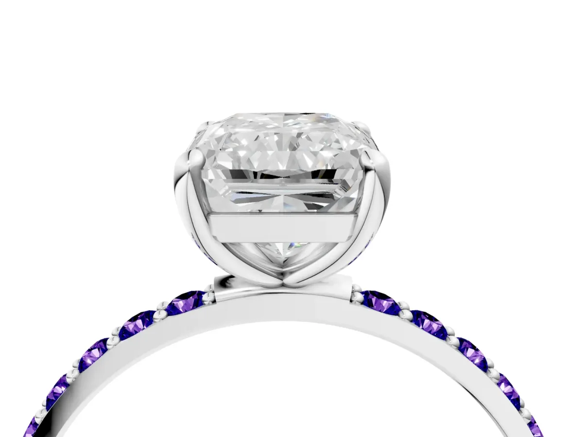 Radiant Cut Diamond Solitaire Ring with Round Tanzanite Pavé Band and Prong Setting Silver
