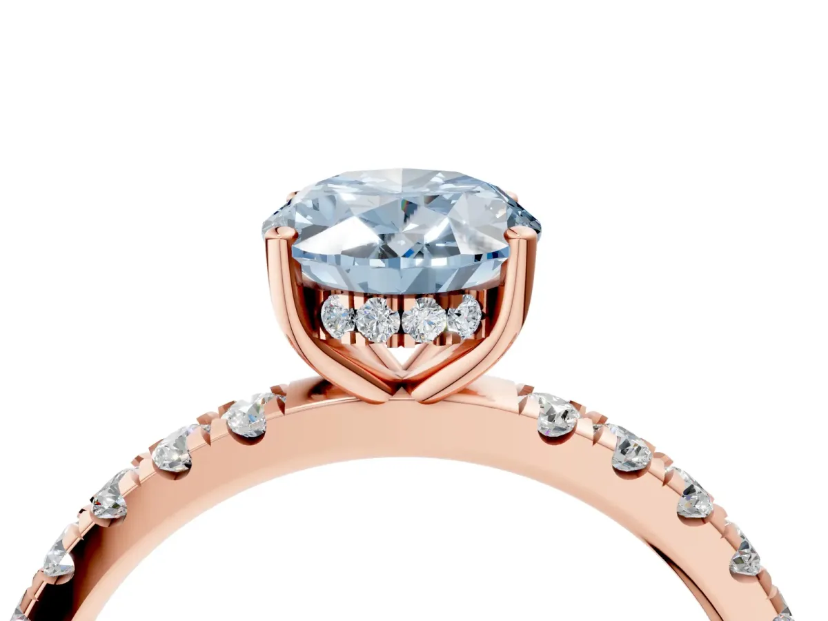 Fancy Blue Oval Cut Diamond Pave Band Solitaire Ring with Round and Prong Setting Rose gold