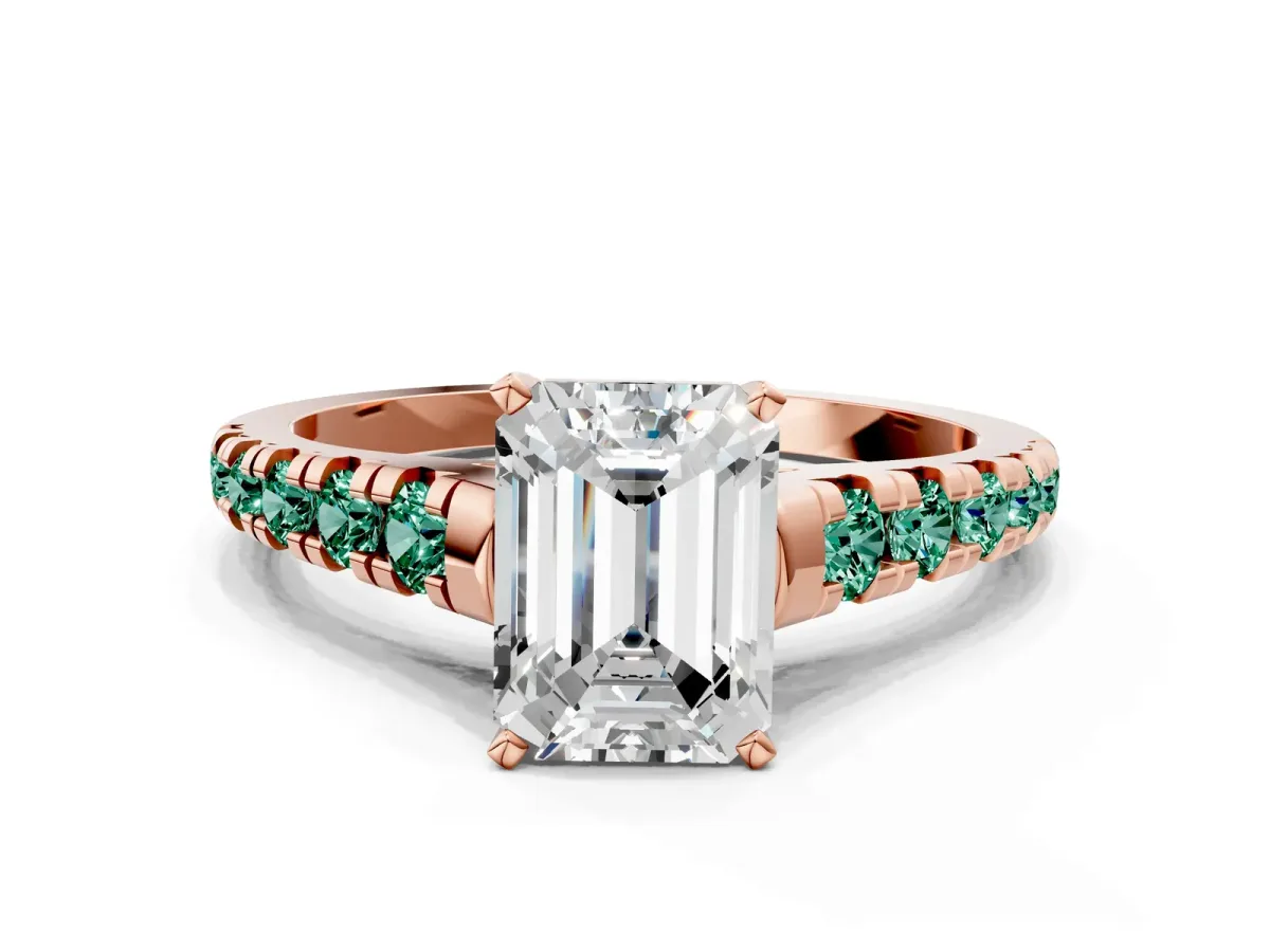 Emerald Cut Diamond Cathedral Solitaire Ring with Round Green Sapphire Pavé Band Rose gold
