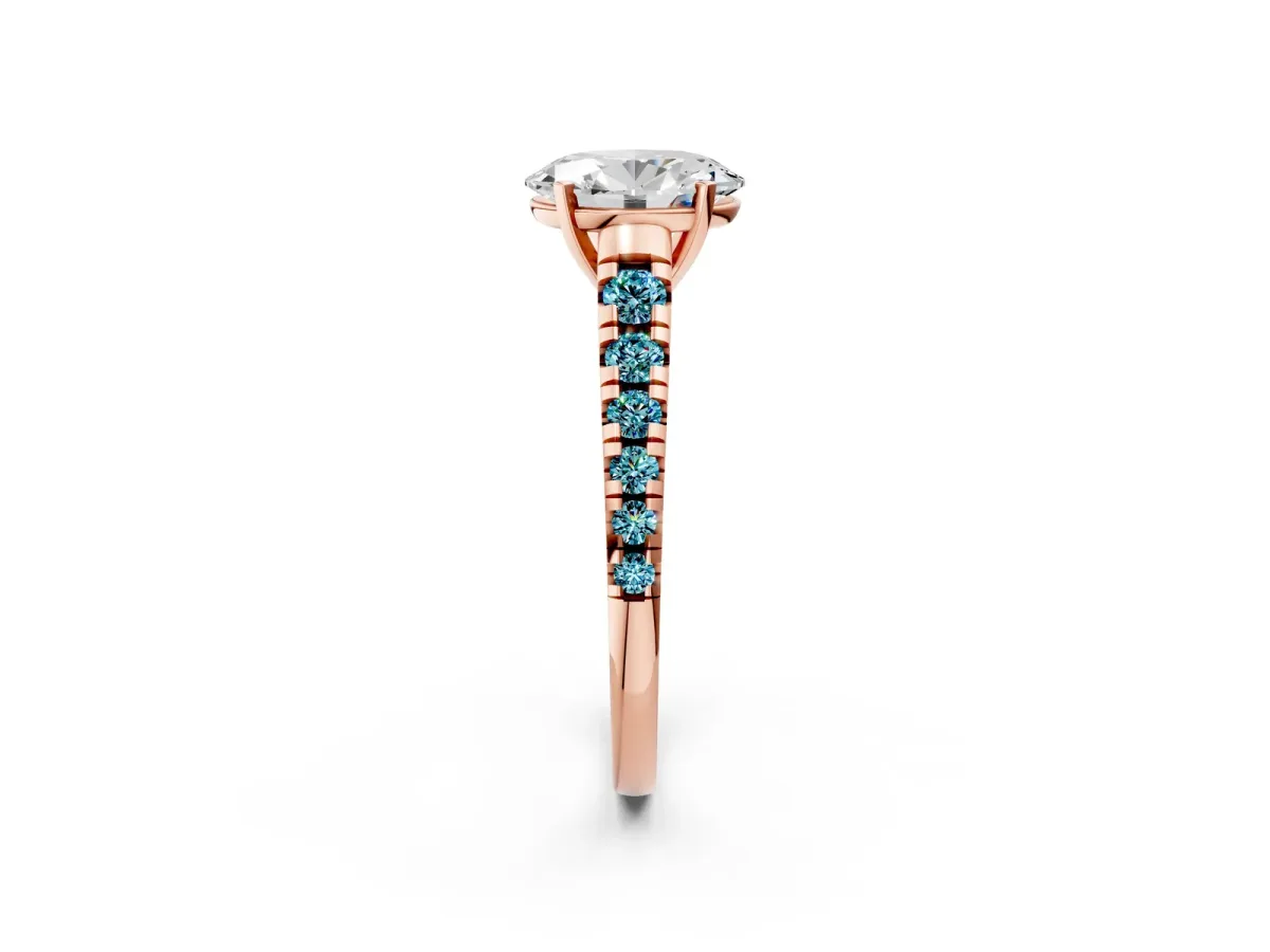 Oval Cut Diamond Cathedral Solitaire Ring with Round Blue Topaz Pavé Band Rose gold