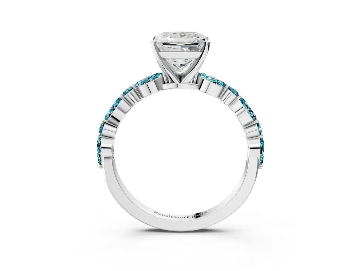 Princess Cut Diamond Ring with Marquise and Round Blue Topaz Side Stones and Four-Prong Setting Silver
